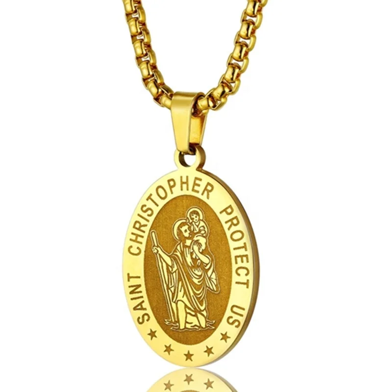 Saint Christopher Protect Jewelry Silver Gold Black Stainless Steel Medal Pendant Men Necklace