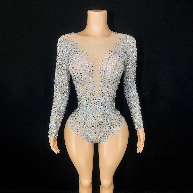 women wholesale clothing jumpsuit shiny diamonds sparkling stretchy mesh sexy bodysuit stage dance wear for performance