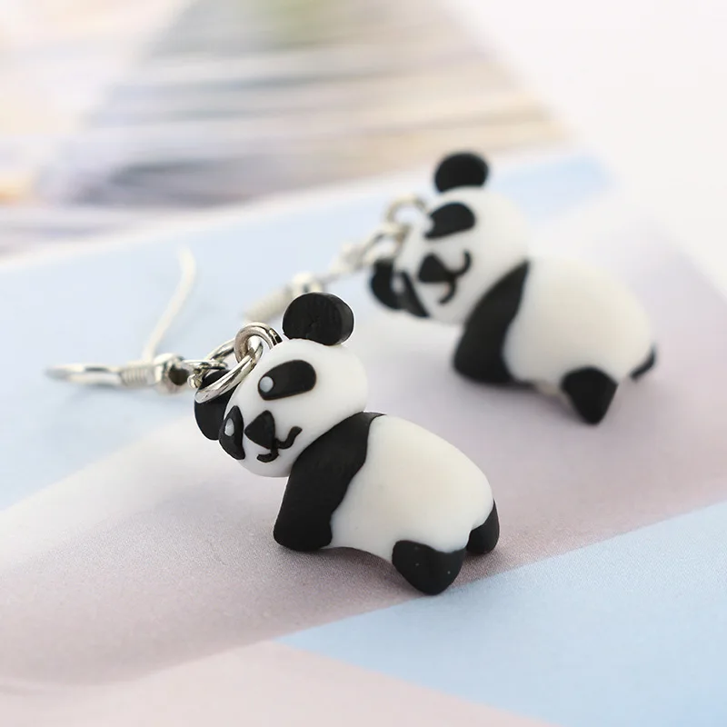 Chinese style Cute polymer clay panda earrings handmade soft pottery terracotta animal pendant earrings  for female