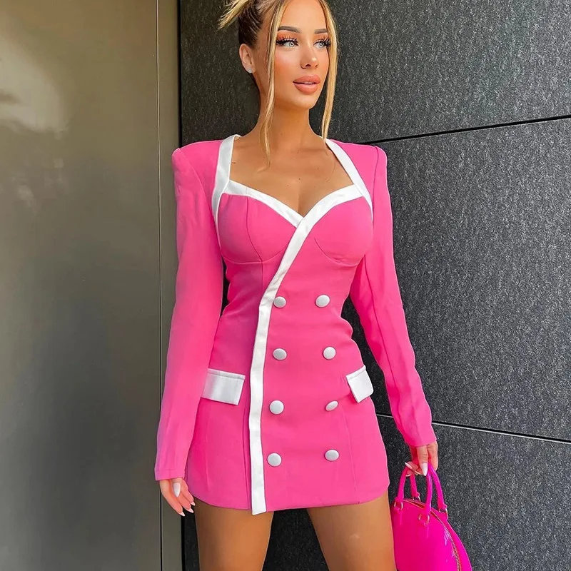 Autumn/winter square collar matching color double-breasted long-sleeved commuter dress