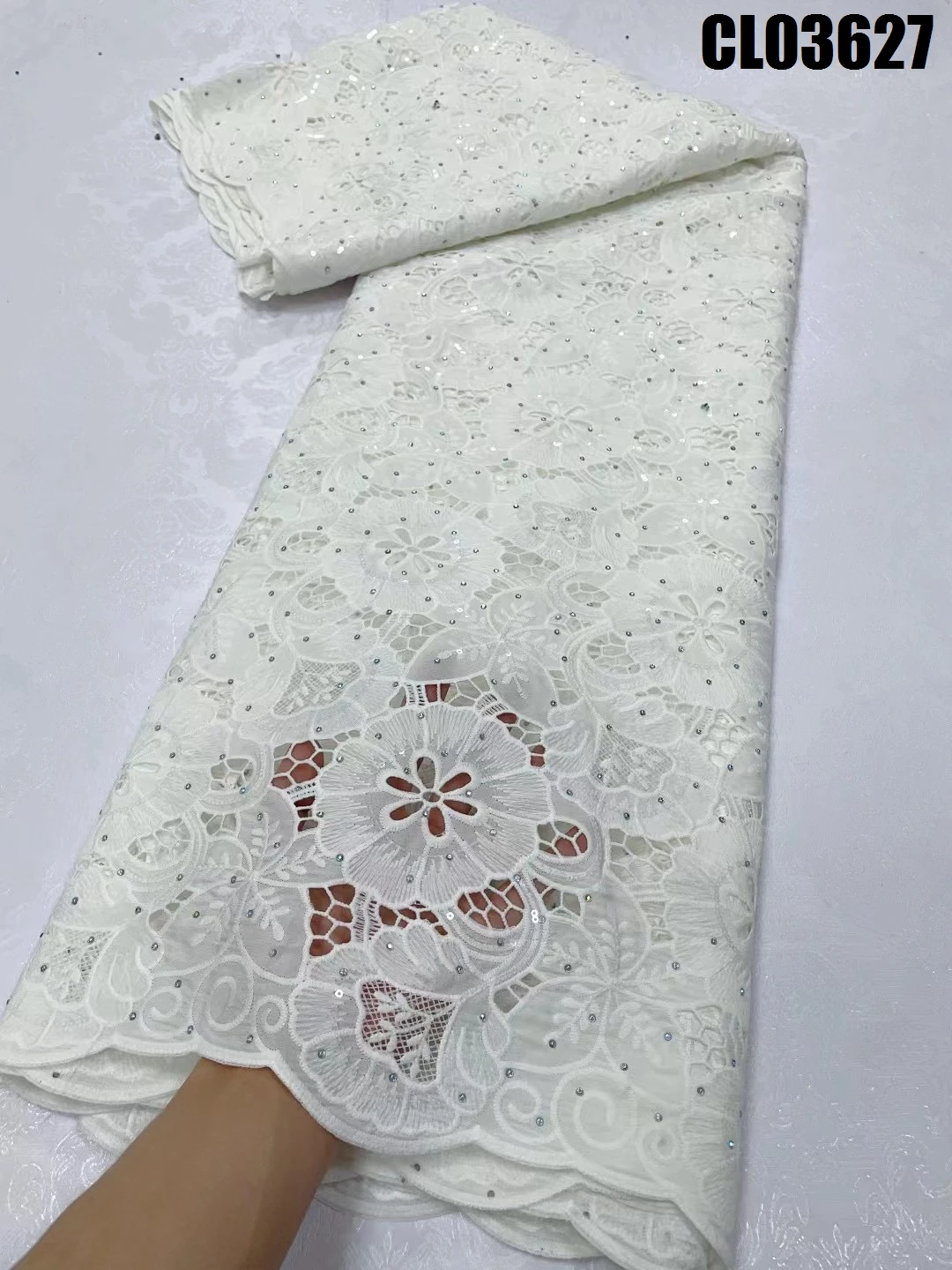 High Quality Mint Green Guipure Lace French Openwork Fabric Gemstone Embroidery African Cope Lace Fabric with Rhinestones