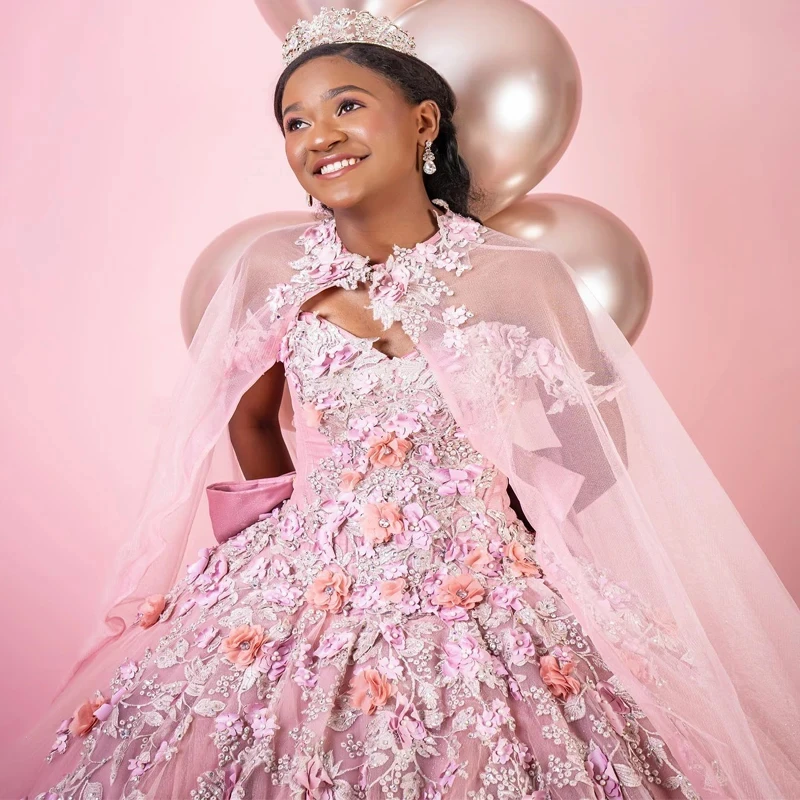 Mumuleo Pink Tulle Luxury Ball Gown Quinceanera Dresses With Cape Sweet 16 Dress Appliques Flower Back Lace-Up Vestidos 15 De Xv
