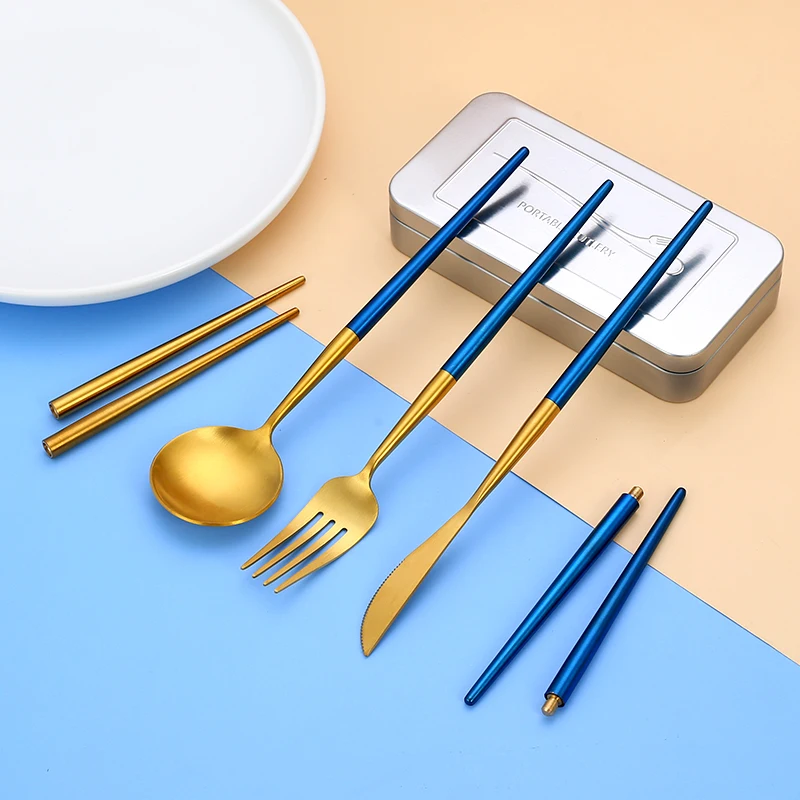 Hot Selling Travel Stainless Steel Gold Flatware Set Portable Spoon And Fork Collapsible Cutlery Set