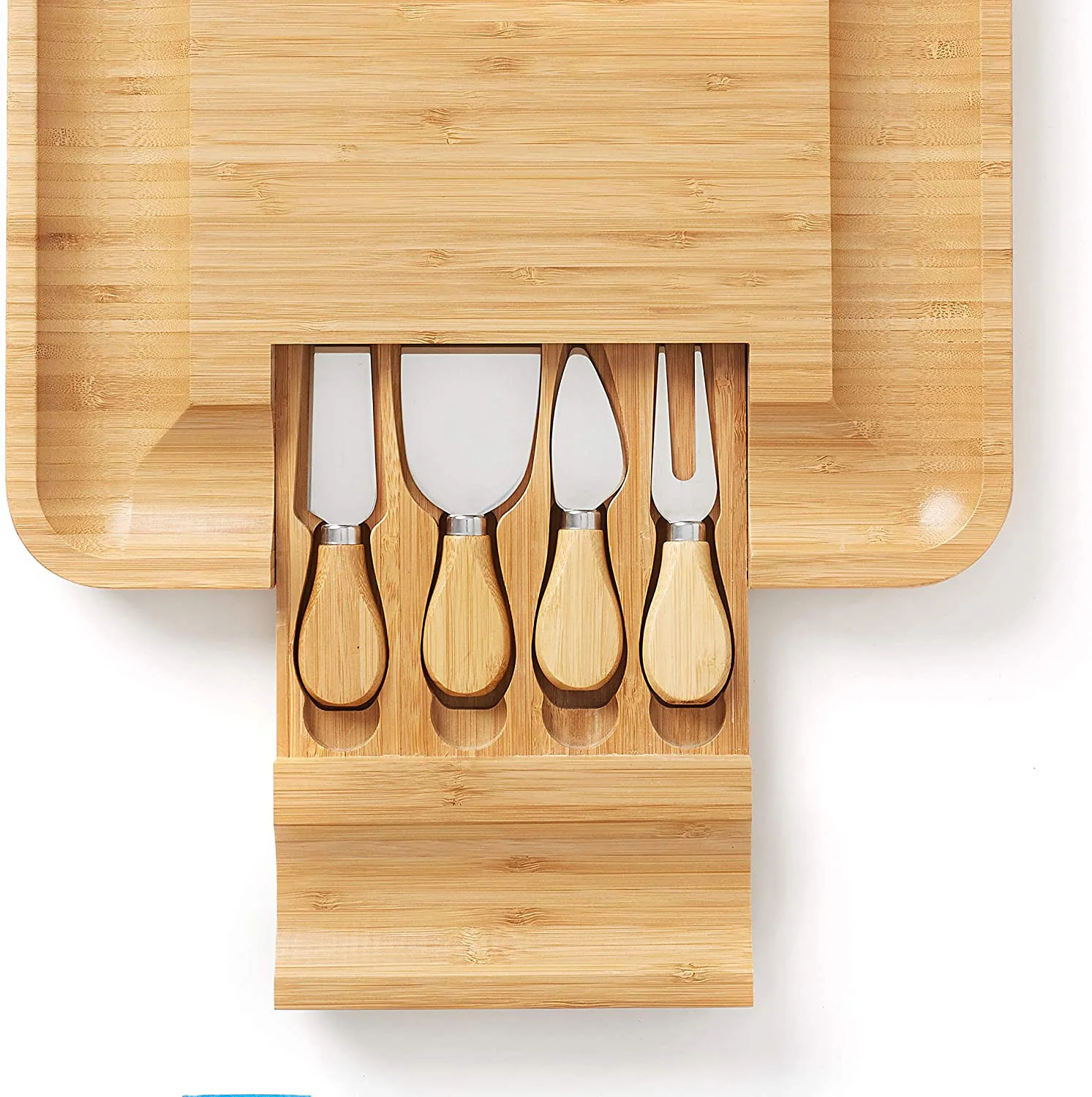 Wholesale Bamboo Tray Premium Wood Handle Charcuterie Cutlery Slide-out Drawer Box Cheese Board With Cutting Knife Set