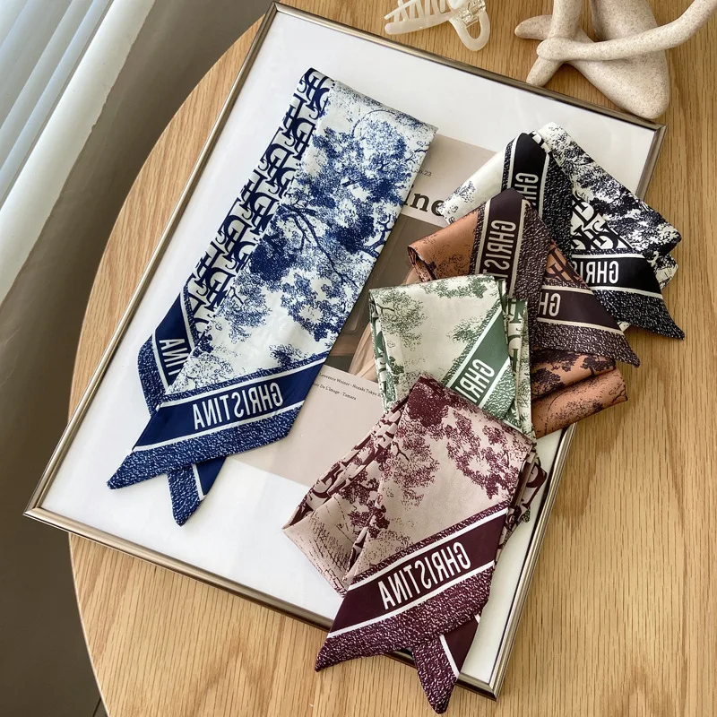Painting Print Big Luxury Woman Twilly Silk Scarf Brand French Retro Ins Letters Narrow Long Small Scarves