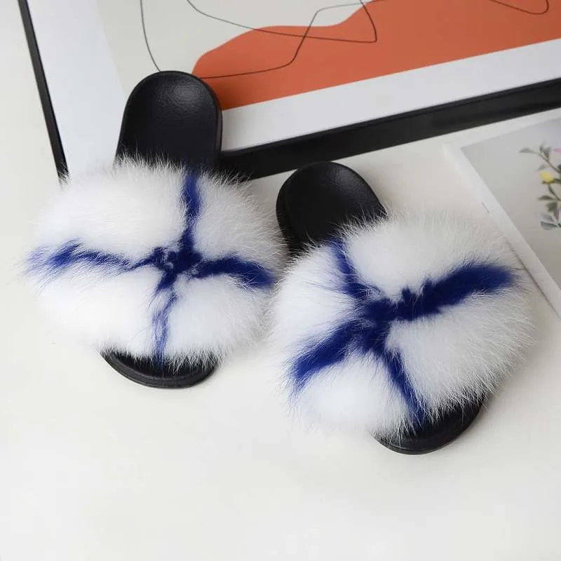 Wholesale Furry Slides Printing Custom logo Slippers Women 100% Real Fluffy Fur Slippers with logo