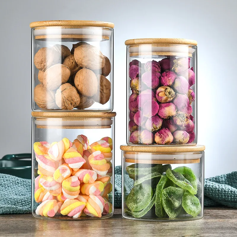 P3HT3 Modern Kitchen Organizer Storage Glass Jar Bottle Sealed Borosilicate Glass Food Storage Container With Bamboo Wood Lid BS