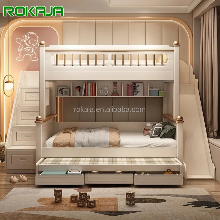 New Design Bunk Beds For Kids Multifunctional Bunk Bed Set Bedroom Furniture Cream Color Mother And Child Bed With Slide