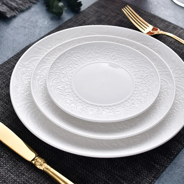Wholesale hotel wedding white porcelain ceramic round shallow dinner and dessert plates