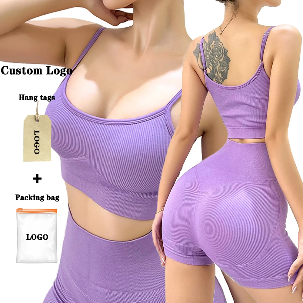 
Newest neon candy color women seamless ribbed sports bra peach butt nylon shorts yoga set 