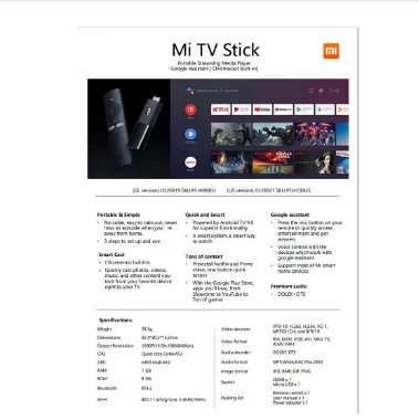  Оригинальный Xiaomi Smart Mi TV Stick Европейская версия Google Android четырехъядерный 1080P HD Dual для smart