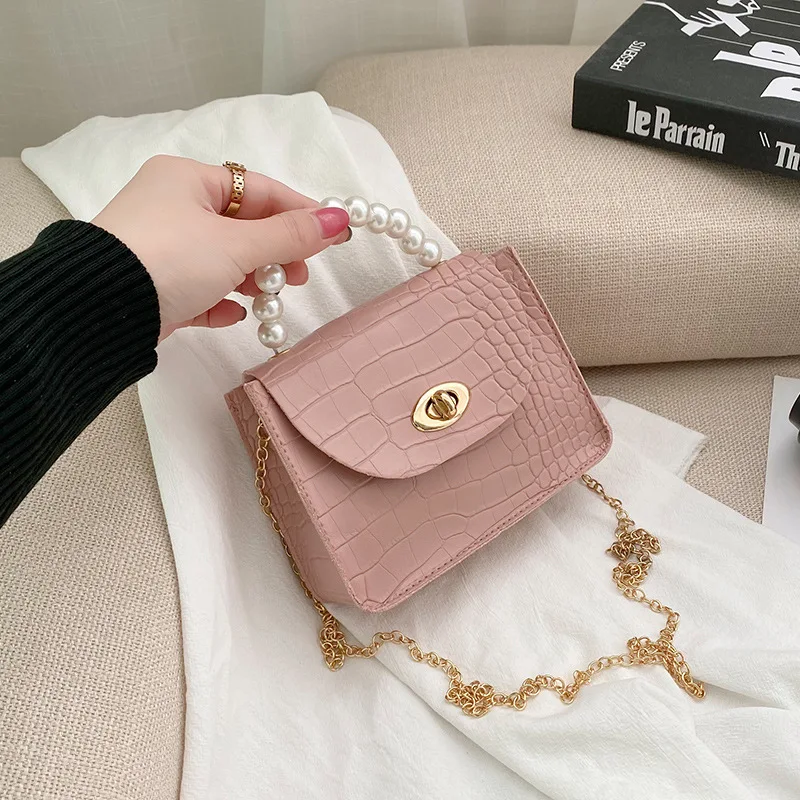 Cheap Wholesale Ladies Pearl Handle Bags Hand Bag PU Leather Women Small Chain Purse Handbag