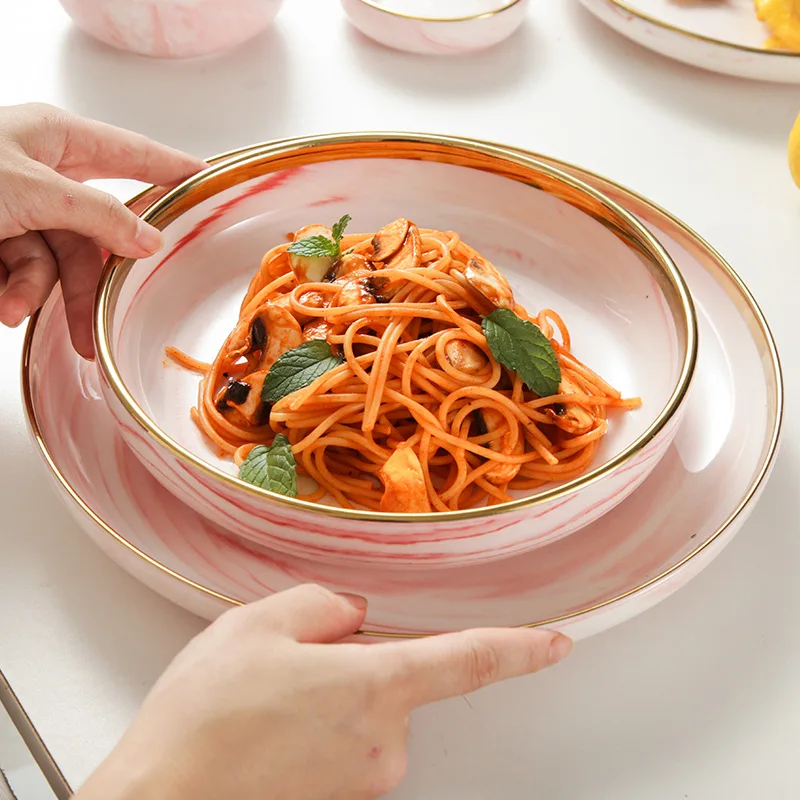 Wholesale ceramic pink marble design dinnerware sets luxury plates sets dinnerware