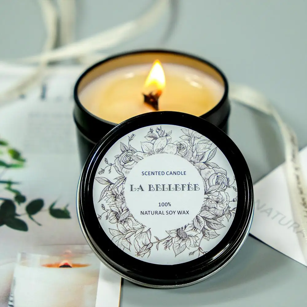 Wholesale Custom Private Label Black Tin 70g Soy Wax Wood Wick Scented Candle