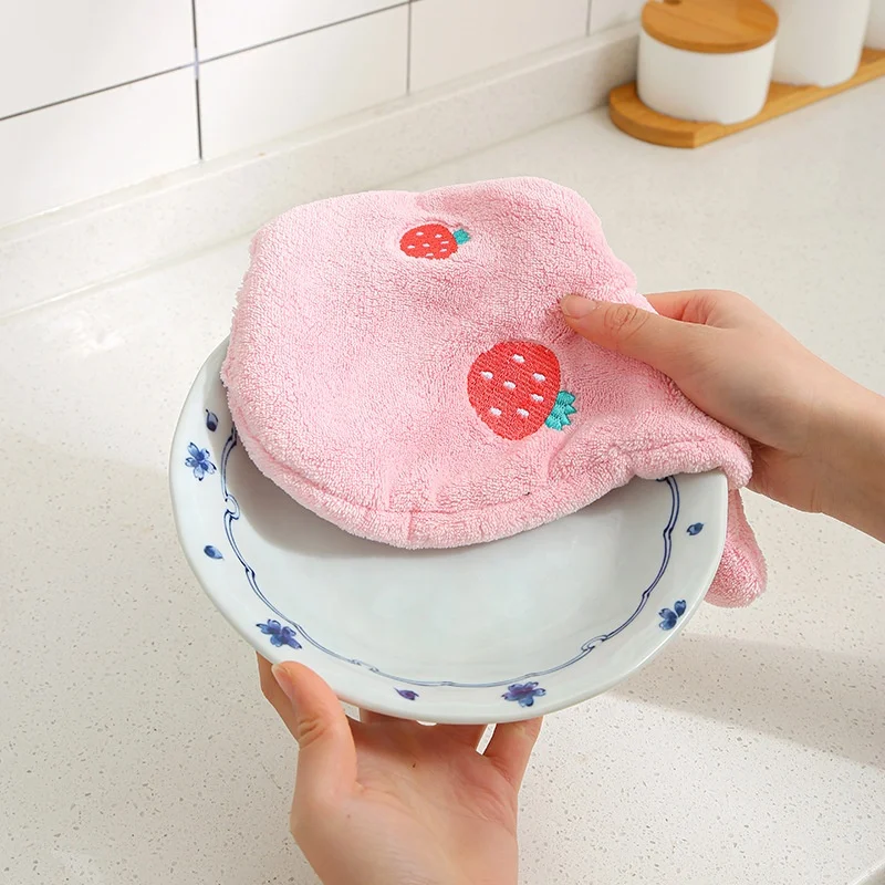 Strawberry rabbit shadow pendable coral velvet towel cartoon embroidery absorbent kitchen clean hand towel small