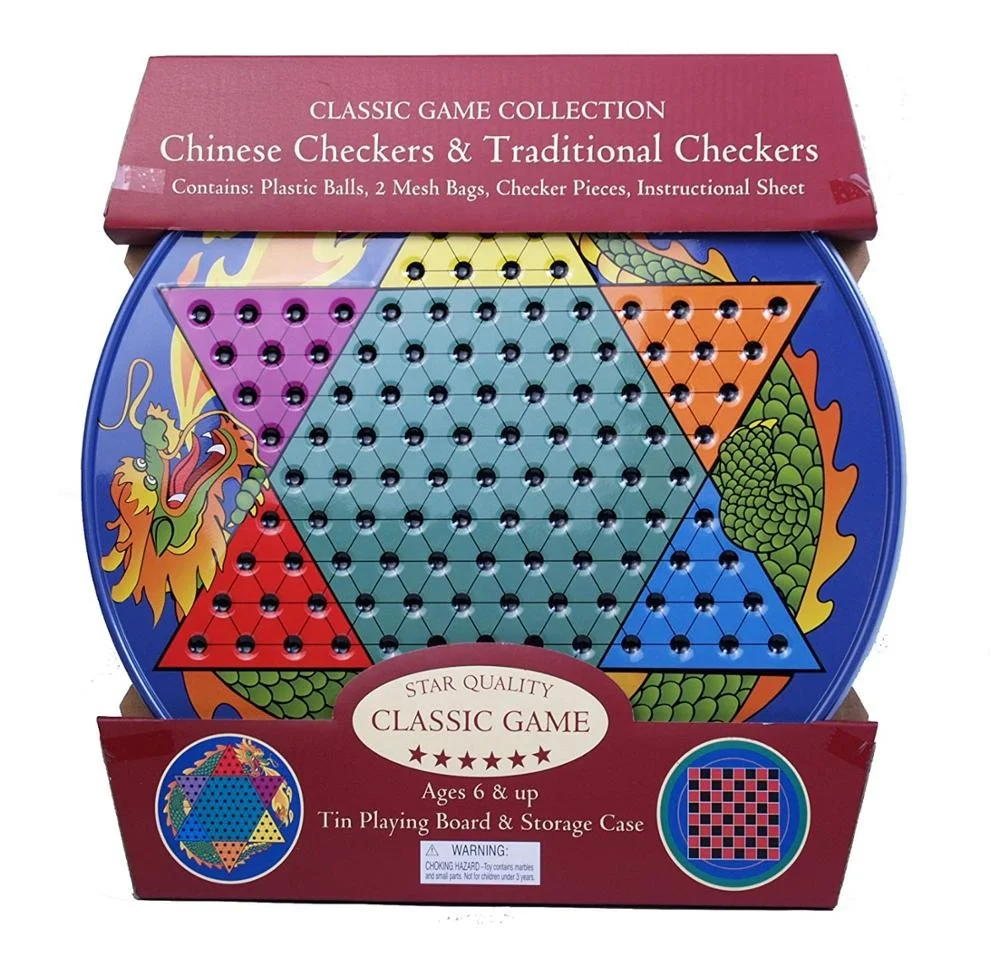 Wooden Chinese checkers tin box metal board game checkers and chinese checkers puzzle game