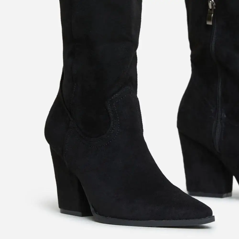 Bock heel point  toe  western cowboy in black faux suede middle calf ankle boots  for  women and  laddies women   ankle  boots
