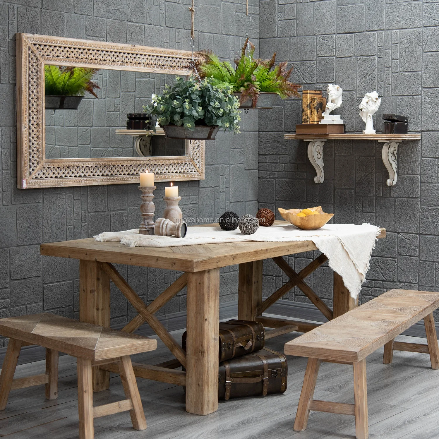 French country farmhouse home furniture rustic style rectangle recycled pine solid wood dining table