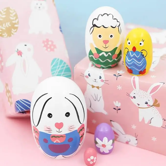 Set of 5 Hand-Painted Colorful Matryoshka Dolls Wooden Easter Egg Nesting Dolls