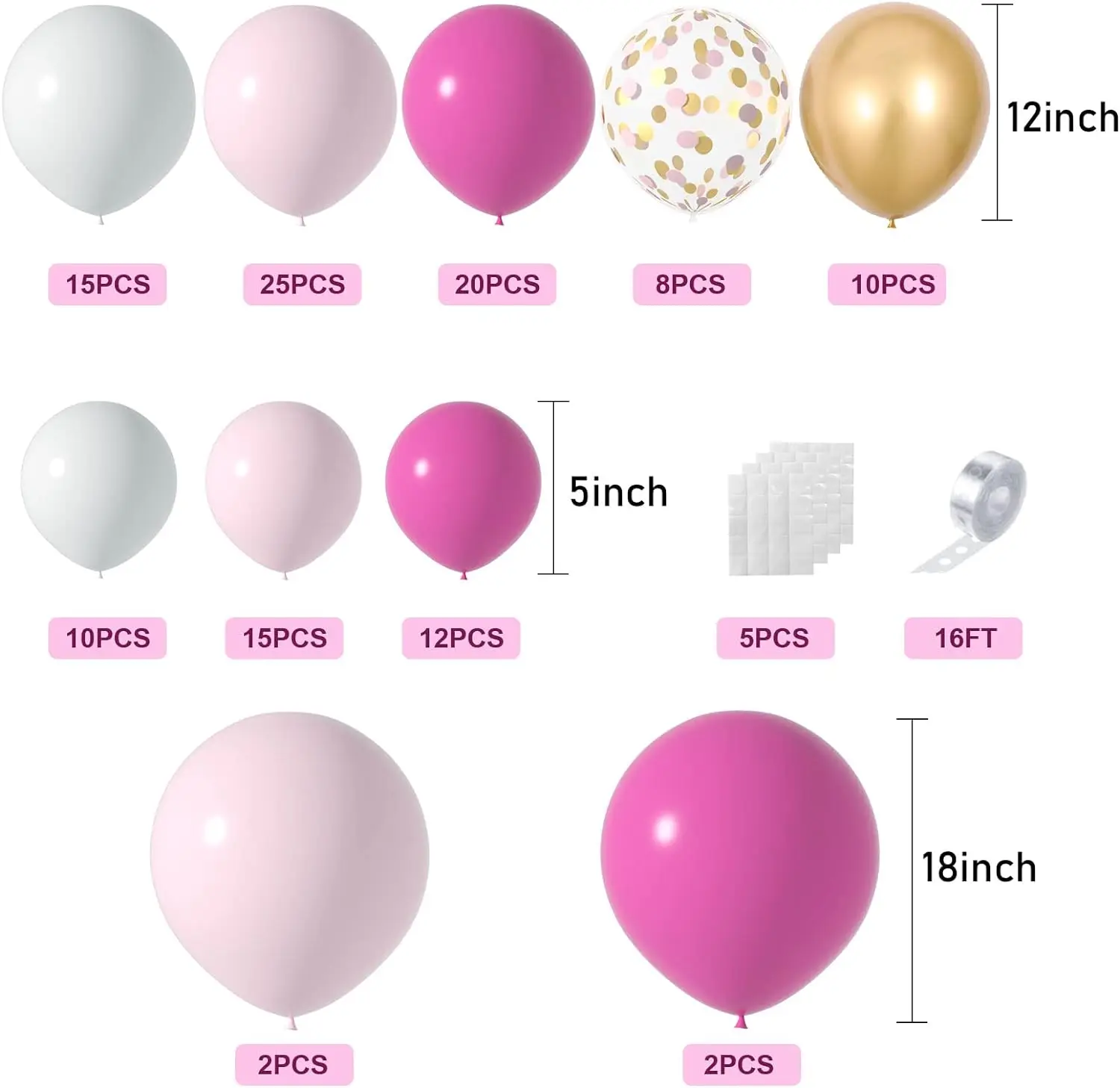 Pink Balloons Garland Arch Kit Pink and White Balloons 5+12+18 in Gold Hot Pink  Balloons