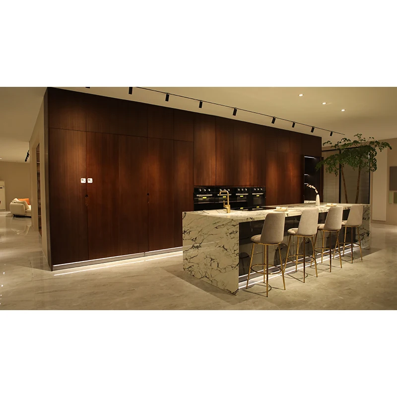 George Walnut wood grain cabinet with waterfall marble bar counter kitchen