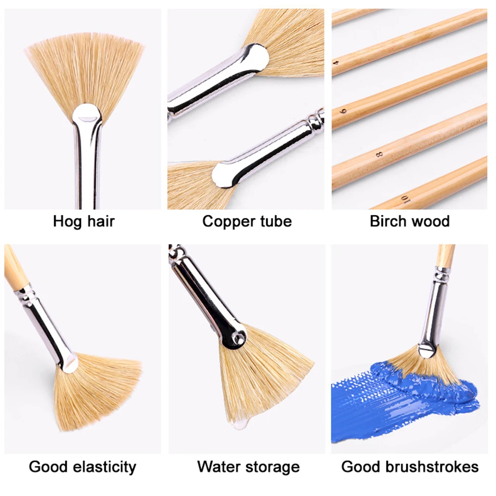 Xin Bowen Painting Brushes Set 6-Piece Hog Hair Fan-shaped Brush Set Wood Handle Brushes in Log Color