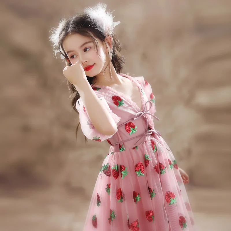 Summer Sequined Kids Gowns Party Dress For Kids Girl Communion Dress White Girls Performance Long Frock Prom Gown