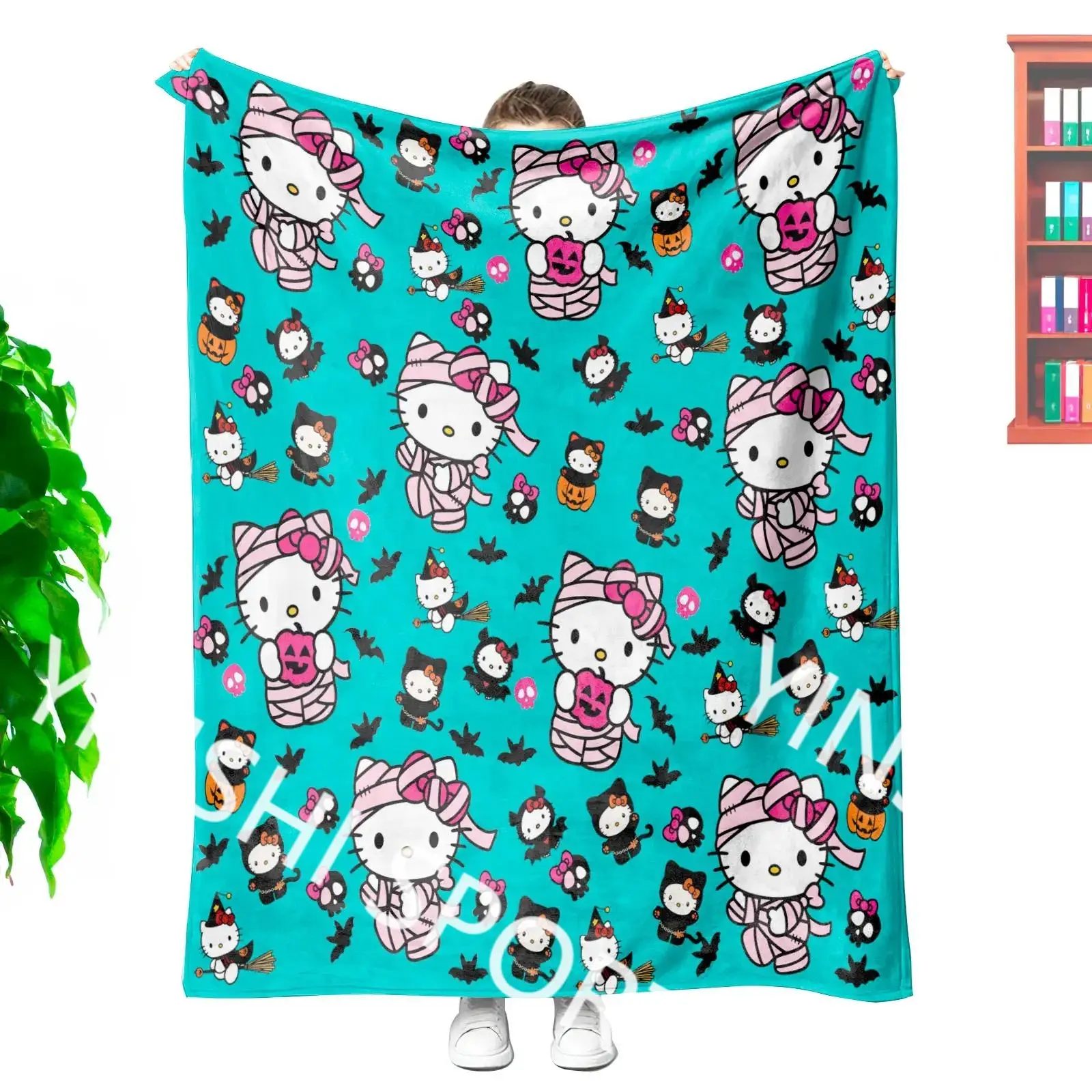 YINSHI 340 Grams Wholesales Customization Printed Halloween Kids Cartoon Kawaii Hk Kt cat Mummy King Size Cozy Throw Blankets