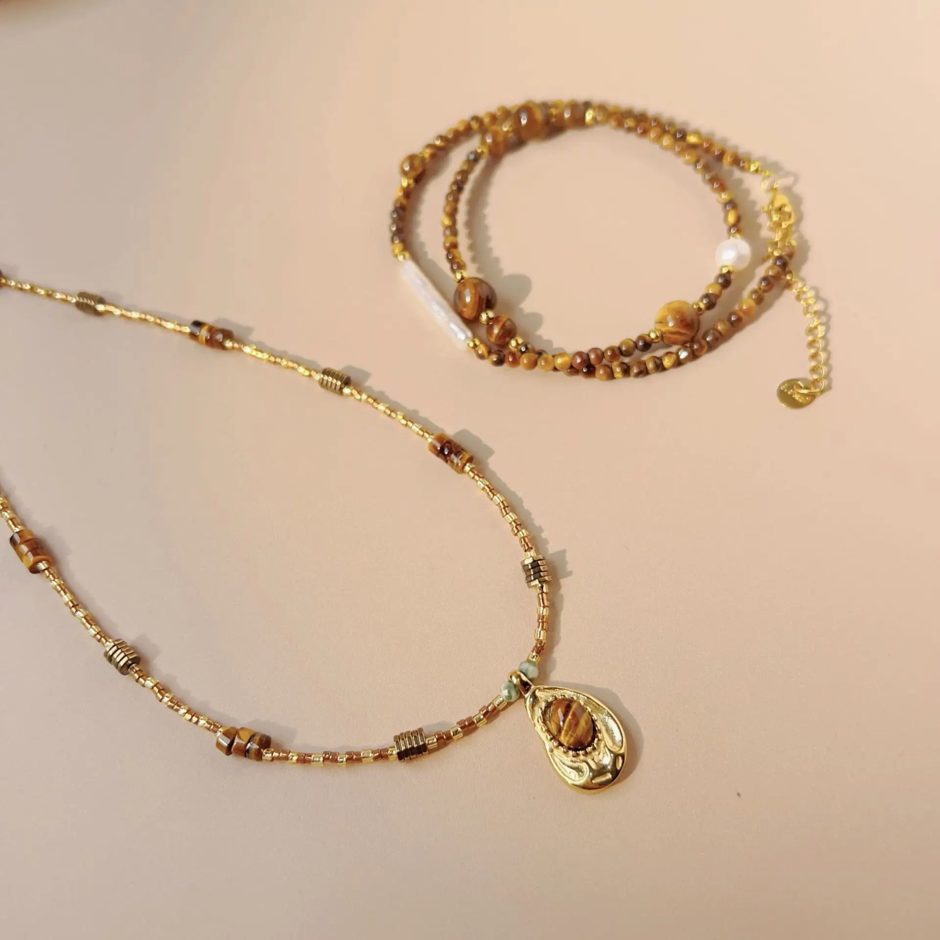 tiger eye stone beads necklace handmade women natural stone pendant necklace stainless steel