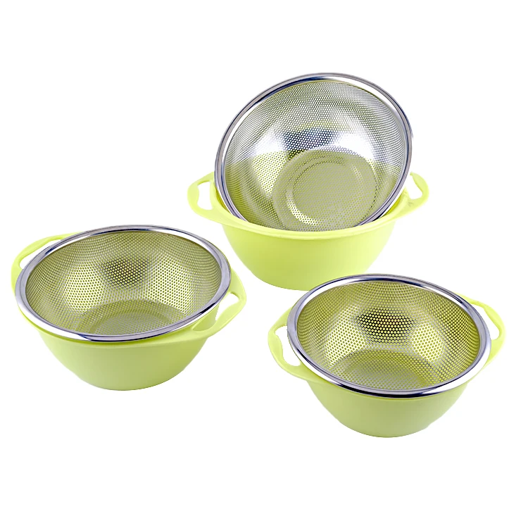 3PCS Factory Product  Stainless Steel Punching Basket With Plastic Bowl  for Washing Vegetable And Fruit