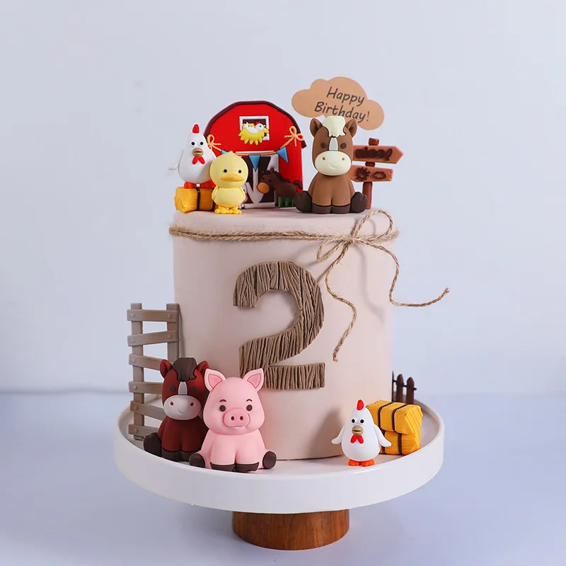 Nice Happy Idyllic Farm Pony Pig Chick Duck Haystacks Soft Plastic Doll Cake Decorations Happy Birthday Cake Diy Supplies
