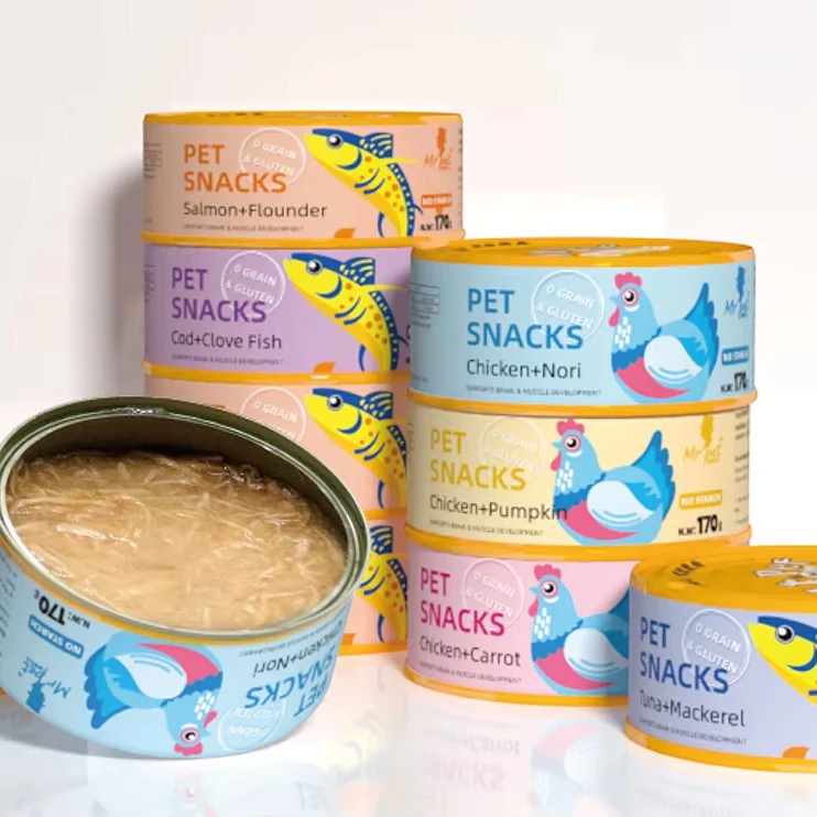 OEM/ODM китайская фабрика корм для домашних животных жестяные банки куриные и лососевые грудки закуски кошек