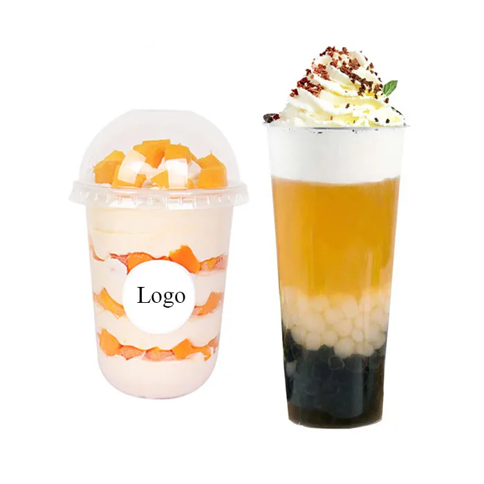 Recycled reusable transparent cheap u shaped plastic cups for dessert iced tea juice coffee yogurt pudding with straws