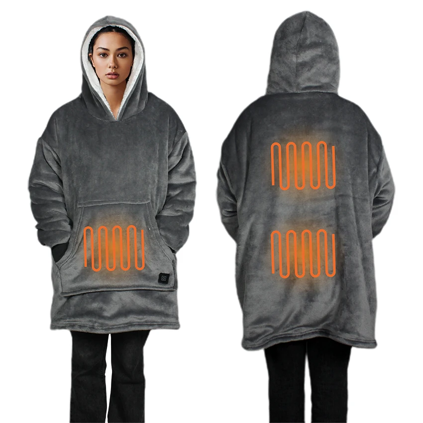 Wholesale Custom Fleece Sherpa Gray Wearable Electric Heated Hoodie Blanket Throw For Winter