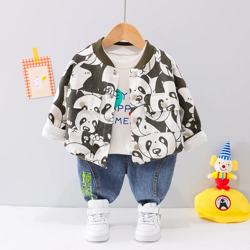 Children Cotton Wear Suits Boys Cartoon Print Panda T-shirt Pants 3Pcs Spring Autumn Sport Clothes