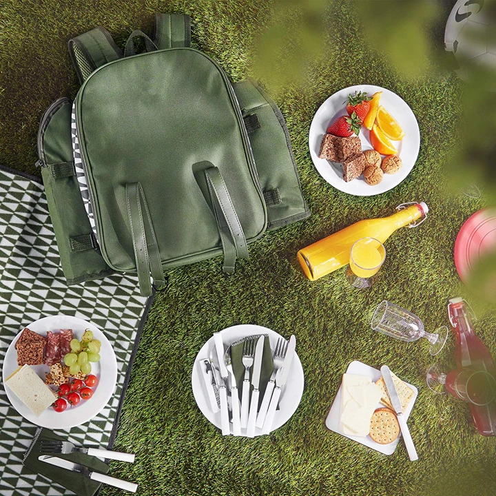 Wholesale Picnic Backpack 4 person with Insulated Cooler Compartment - Green (4 Person)
