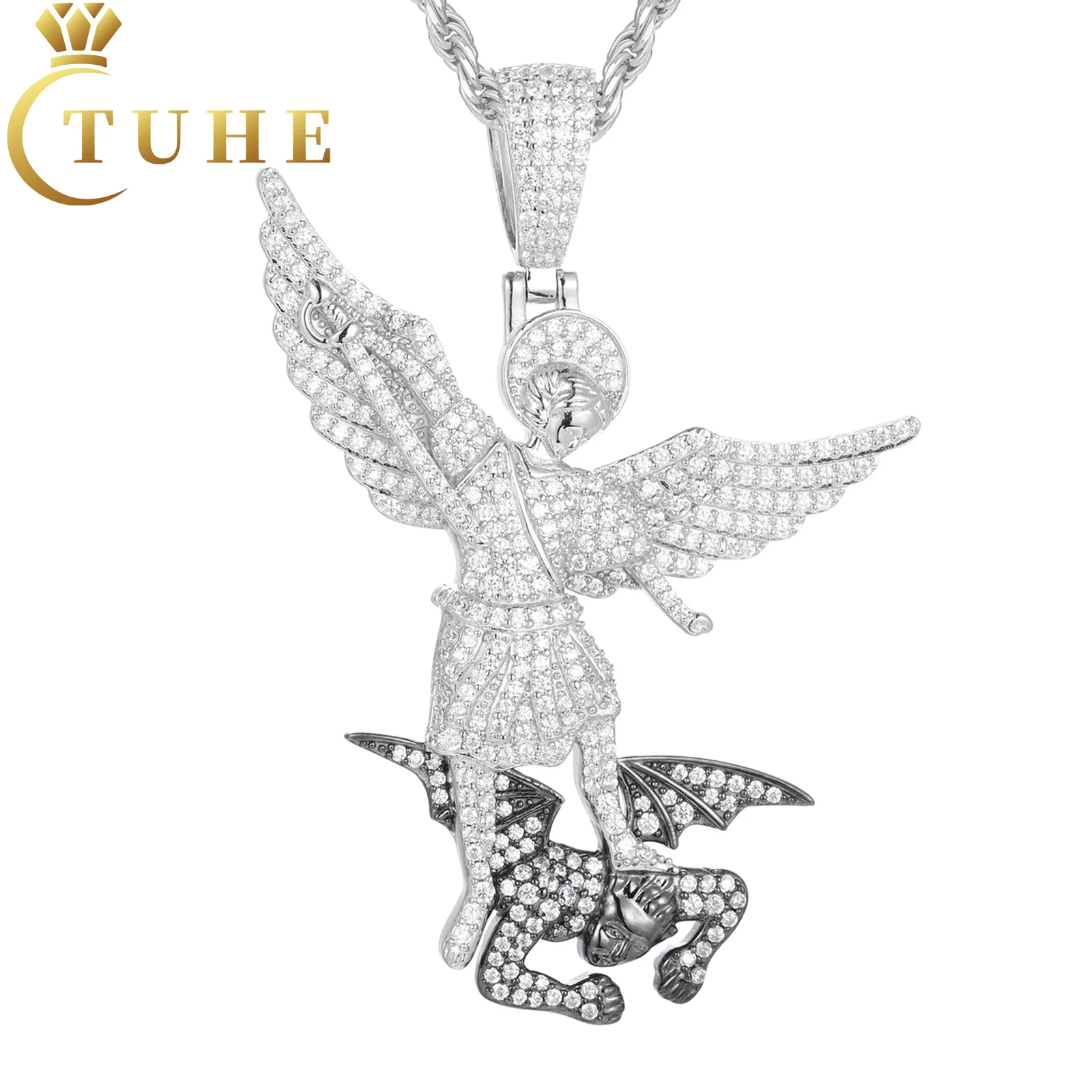 Pass Diamond Tester Moissanite Angels and Demons Pendant 925 Sterling Silver Lab Grown Mossanite Diamond Iced Out Mens Fashion