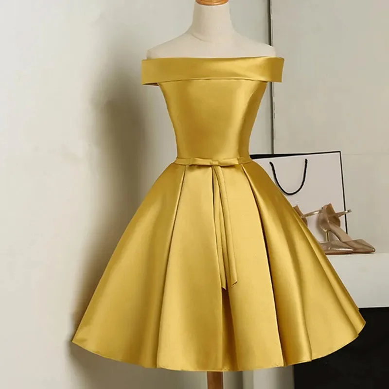 3263 Korean Version Summer One-shoulder Golden Satin Mini Party Dress Host Graduation Formal Dresses