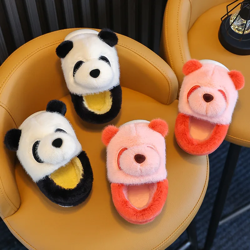 2024 New kids boys fuzzy indoor bear slippers warm fur slip on cotton shoes children girls plush furry home slides slippers