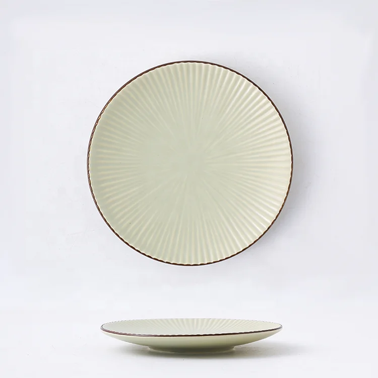 Matte Light Green Color Glaze 6 Inch Ceramic Embossed Dinner Plate with Simple Line Hotel Restaurant Wedding Use