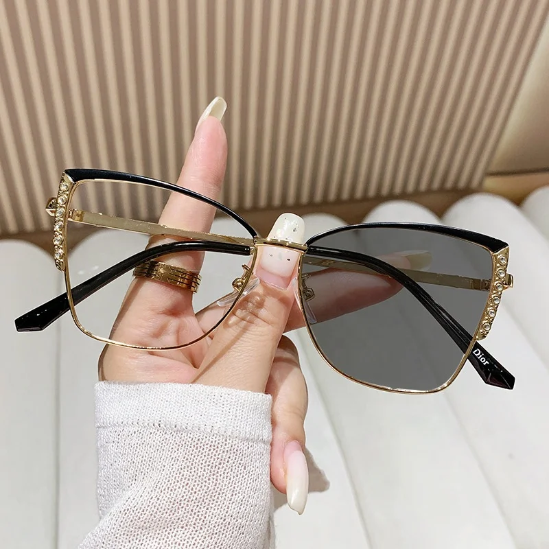 gold metal large square butterfly rhinestone black 2024 optical female women`s computer photochromic anti blue light glasses