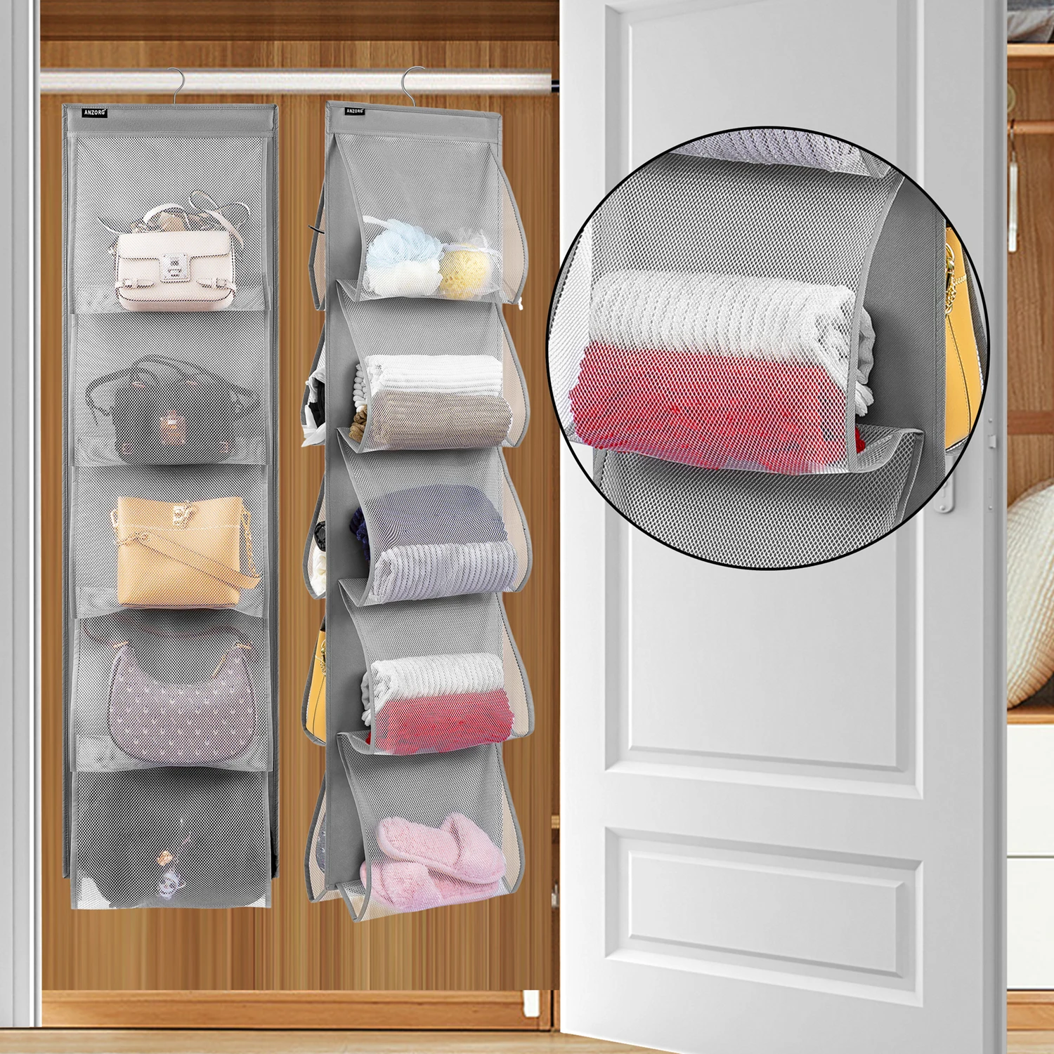 Closet Shoe Holder with 10 Large Pockets Dual Sided Hanging Handbags Organizer Towel Scarf Clothes Storage