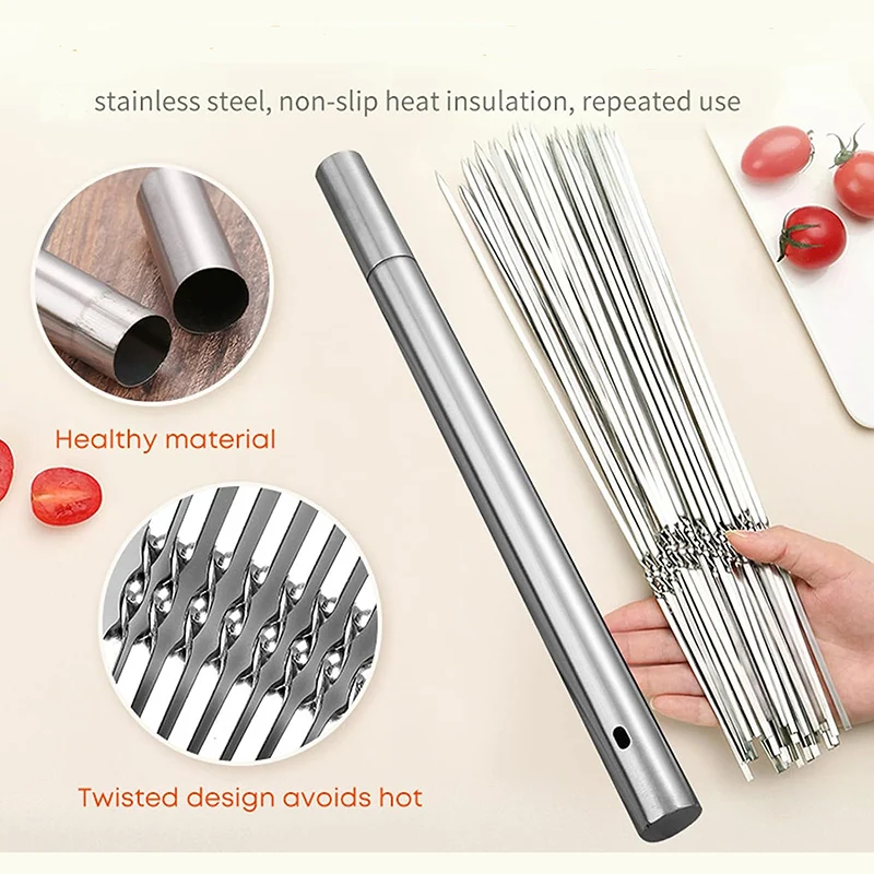 Stainless Steel Metal Flat BBQ Grill Kebab Skewers Shish Kabob Grill Skewers with Portable Metal Storage Tube