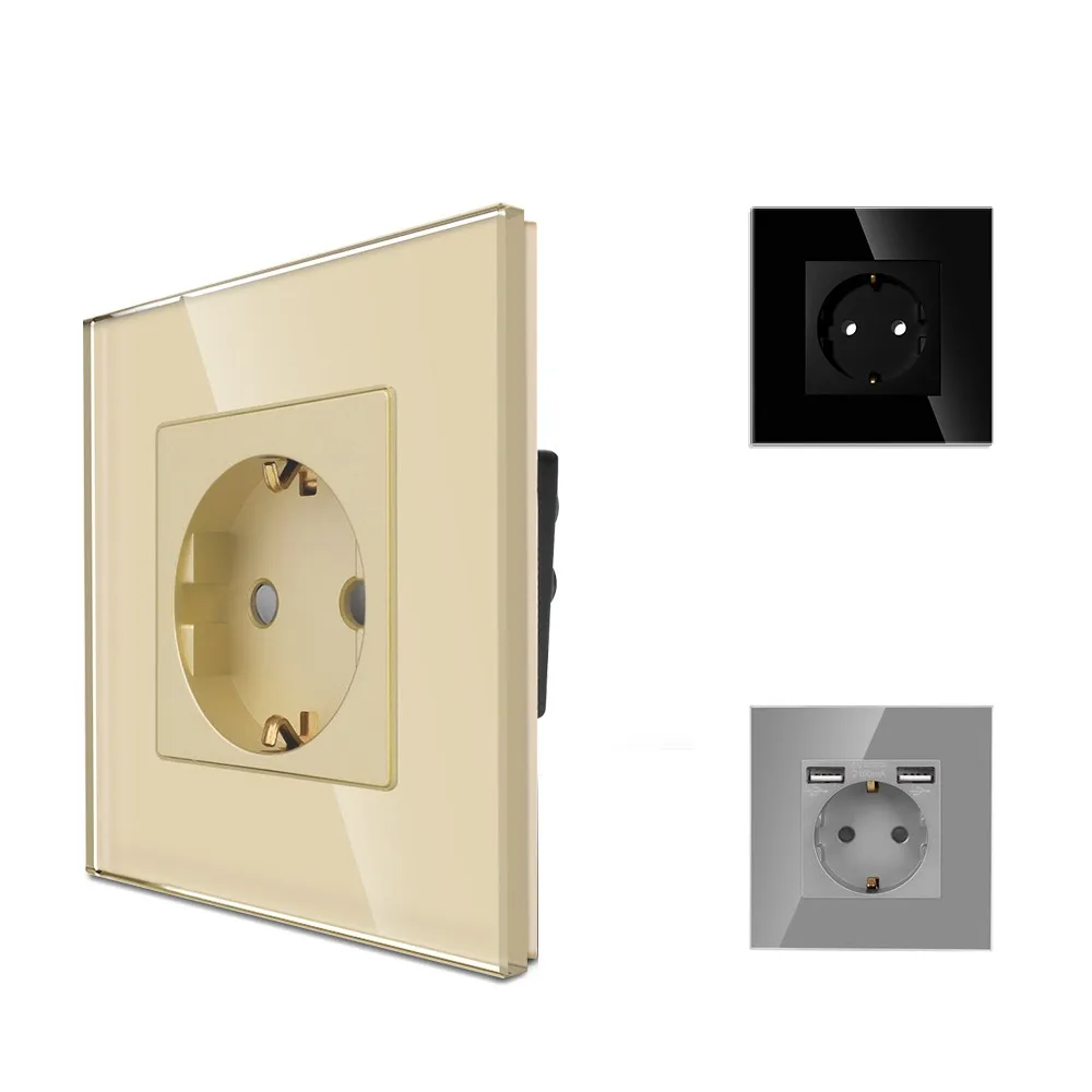 Bingoelec Home Eu Standard  Electric Tempered Glass Panel 16a Power Double Wall Socket With Usb Ports