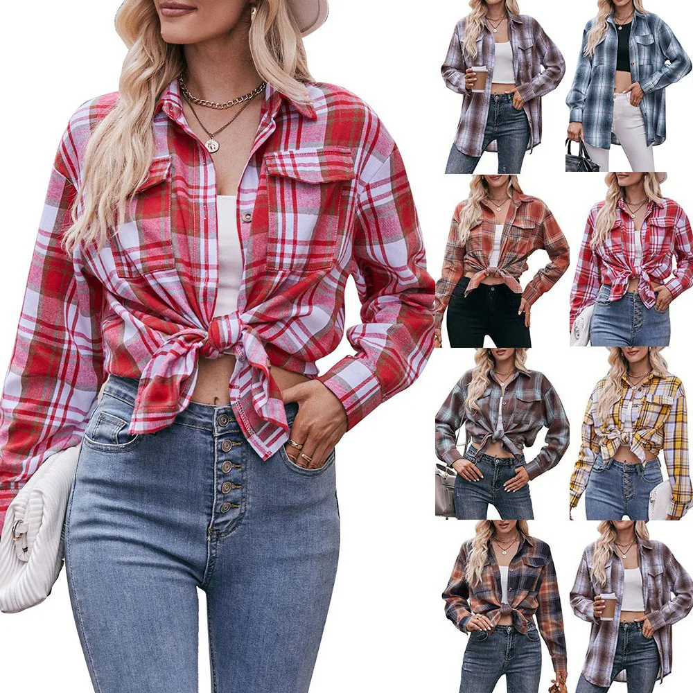 2023 autumn winter blusas y camisas para mujeres crop tops juveniles fashion oversize casual Plaid women shirts blouses and tops