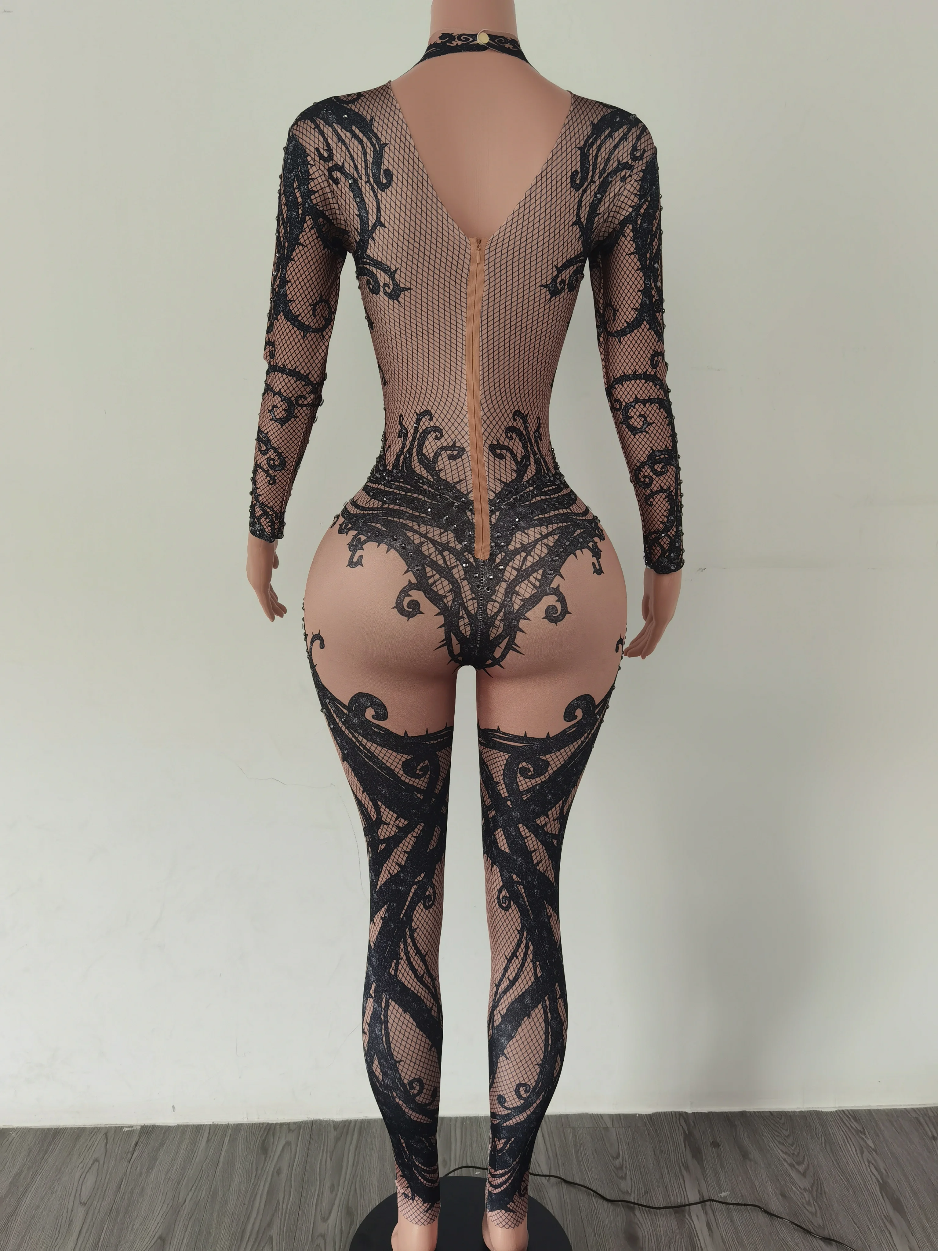 2023 New Arrivals Stretch Skinny Formal Bodysuits Vintage Long Sleeve Banquet Leotard Sexy Rhinestone Women Party Playsuits