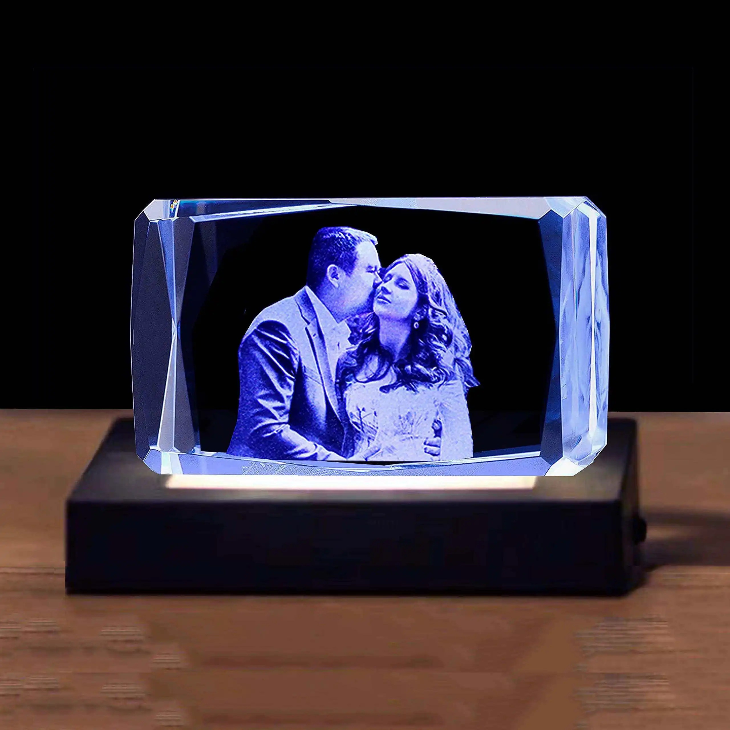 JY Custom Engraved Crystal Photo Square 3D Crystal Cube with Light Base For Love Gifts