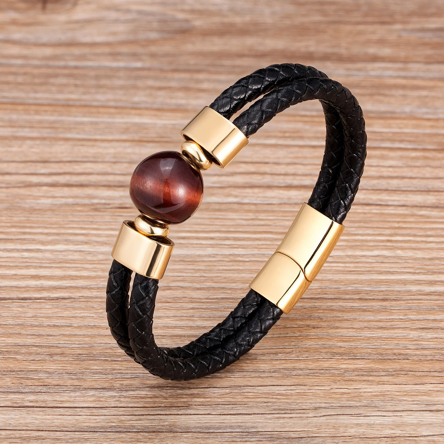 New Vintage Stainless Steel Leather Cord Braided Bracelet Trendy Metal Leather Cord Classic Stone Bracelet