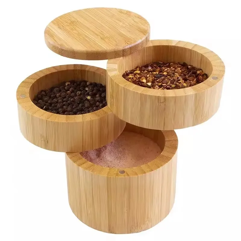 Three-Tier Bamboo Storage Box with Magnetic Swivel Lid Triple Salt Box for Candy Sugar or Salt for Food Storage