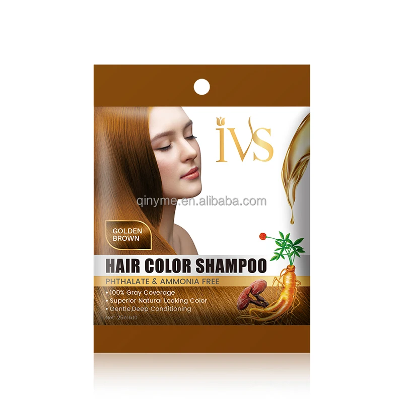 IVS 25ml*10 Bag Sachet Herbal Bubble Ammonia Free Golden Brown Ginseng Black Color Hair Shampoo Hair Dyes Wholesale